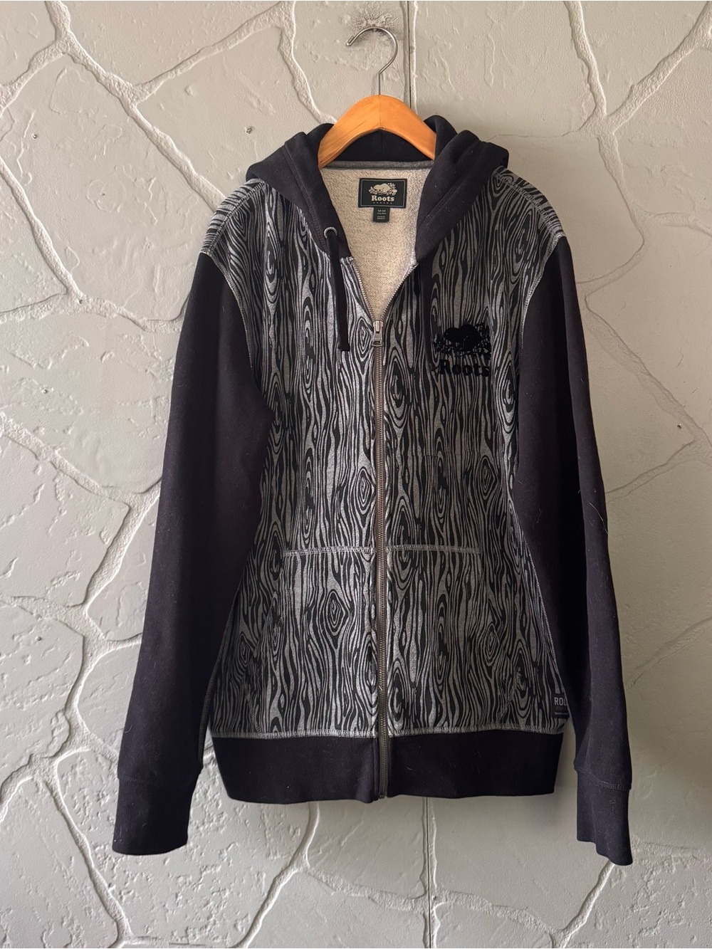 Roots Canada Woodgrain Graphic Full Zip Hoodie Black Gray Women’s M